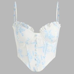 Floral Ruffle Corset Crop Tank with Blue Accents